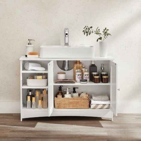 Meuble sous Vasque, Meuble de Salle de Bain, 90 x 30 x 60 cm, 2 Portes, Compartiments Ouverts, Étagères Réglables en Hauteur, Blanc