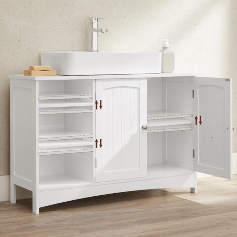 Meuble sous Vasque, Meuble de Salle de Bain, 90 x 30 x 60 cm, 2 Portes, Compartiments Ouverts, Étagères Réglables en Hauteur, Blanc