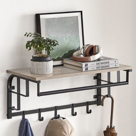 VASAGLE Portemanteau mural avec étagère de rangement, Étagère murale avec 5 crochets amovibles, Étagère suspendue avec tringle, pour entrée, chambre, salle de bain, salon, Grège et Noir par