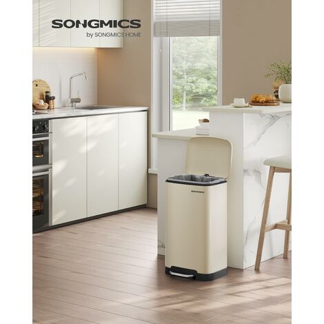 Poubelle de Cuisine, 30L, Poubelle en Acier avec Pédale, Couvercle et Seau Intérieur, Fermeture en Douceur, Blanc Nuage