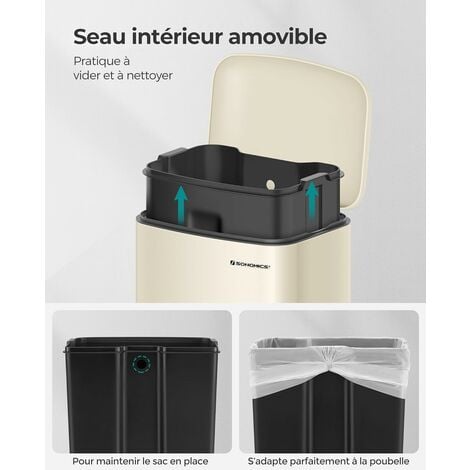 Poubelle de Cuisine, 30L, Poubelle en Acier avec Pédale, Couvercle et Seau Intérieur, Fermeture en Douceur, Blanc Nuage