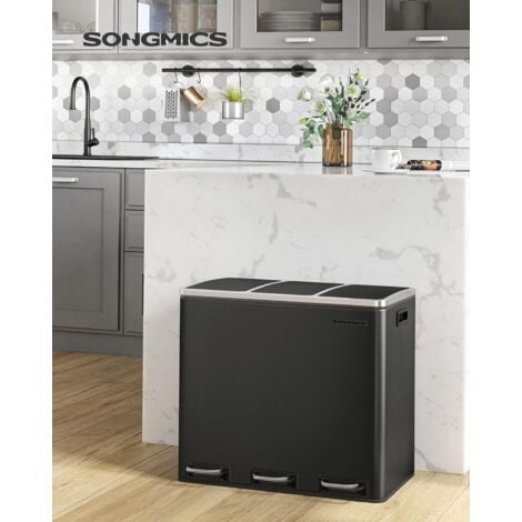 SONGMICS Poubelle Cuisine, 3 x 18L, Poubelle de Tri, 3 Compartiments, Déchets, Compost, Couvercles à Fermeture en Douceur, Pédales, Seaux Intérieurs, en Acier, Noir