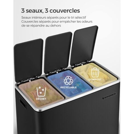 SONGMICS Poubelle Cuisine, 3 x 18L, Poubelle de Tri, 3 Compartiments, Déchets, Compost, Couvercles à Fermeture en Douceur, Pédales, Seaux Intérieurs, en Acier, Noir