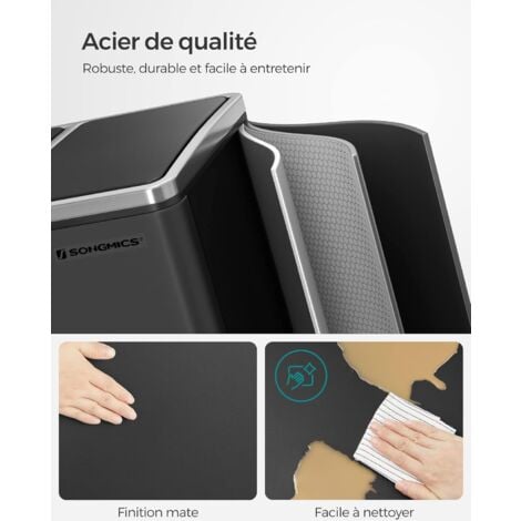 SONGMICS Poubelle Cuisine, 3 x 18L, Poubelle de Tri, 3 Compartiments, Déchets, Compost, Couvercles à Fermeture en Douceur, Pédales, Seaux Intérieurs, en Acier, Noir