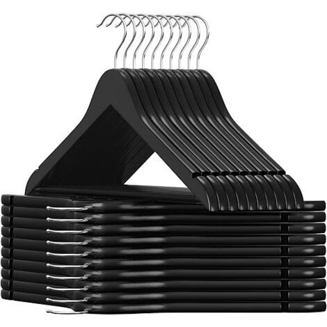 Cintre Bois, Lot de 20, avec Encoches Antiglisse, Barre Antiglisse pour Pantalons, Crochet Pivotant 360°, pour Costumes, Chemises, Manteaux, Noir et Argent (1/5)
