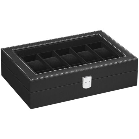 Boîte à Montres à 12 Emplacements, Coffret à Montres, Écrin, avec Couvercle en Verre, Coussinets Amovibles, Serrure en Métal, Revêtement en Noir et Doublure en Noir (1/5)