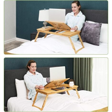 SONGMICS Table de lit pliable,Petite table en bambou pour ordinateur  portable,pour Gaucher et Droitier, Plateau ajustable 5 positions, 72 x  (21-29) x