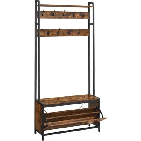 VASAGLE Portemanteau,  Vestiaire d’Entrée avec Banc, 9 Crochets et Étagère, 30 x 85 x 180 cm, Style Industriel - Marron Rustique et Noir