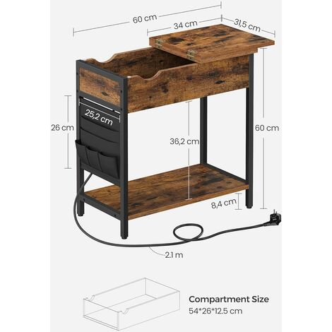 VASAGLE Table D’Appoint Avec Multiprise – Petite Table Chevet 3 Niveaux, 2 Prises CA + 2 USB, Marron Rustique & Noir, 30x34x58 Cm