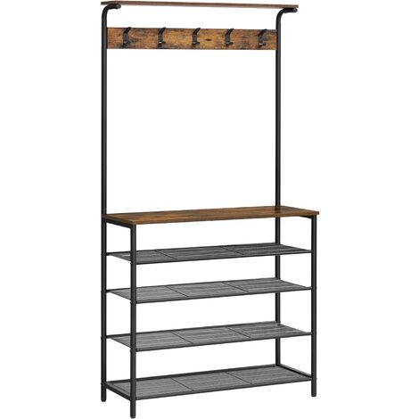 VASAGLE Portemanteau, Vestiaire Industriel, Meuble Entrée,avec Étagères à Chaussure s 5 Niveaux, 5 Crochets, pour Entrée, Couloir, Chambre, Marron Rustique et Noir  HSR408B01