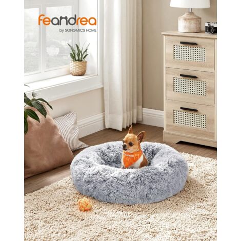 FEANDREA Panier pour Chien, Lit Ronde en Forme de Beignet, Canapé, Coussin Central Amovible et Lavable, Tissu Peluche Doux, Ø60 cm, Gris Clair PGW038G01 (1/5)