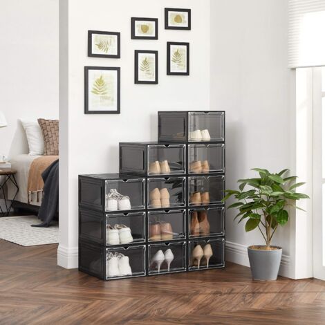 SONGMICS Boîtes à Chaussures Lot De 12 Avec Porte - Empilables Jusqu'à Pointure 44, Noir Transparent