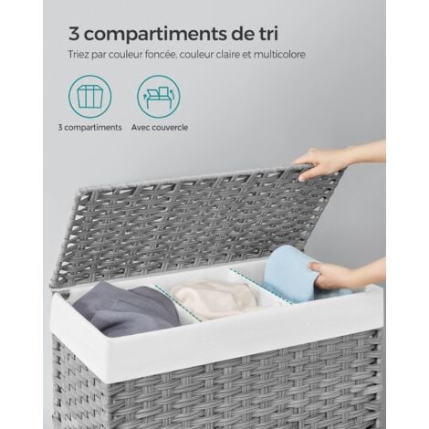 SONGMICS Panier à Linge Tissé à la Main, 140L, Imitation Rotin, 3 Parties,  Sac Amovible, Couvercle, Poignées, Montage Facile, Salon, Salle de Bain, 66  x 33 x 60 cm, Gris LCB363G01 140L