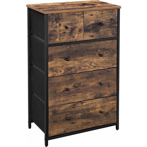 Commode, Meuble de Rangement, avec 5 Tiroirs en Tissu, Devant et Dessus en MDF, Style Industriel, pour Salon, Couloir, Chambre d'enfant, Marron Rustique et Noir
