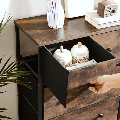 Commode, Meuble de Rangement, avec 5 Tiroirs en Tissu, Style Industriel,  pour Salon, Entrée, Couloir, Chambre d'Enfant, Blanc et Couleur Boisée