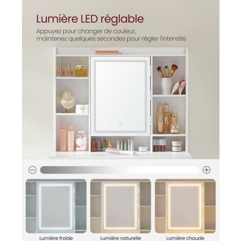 Coiffeuse avec Miroir LED, 3 Couleurs, Luminosité Réglable, Table de Maquillage avec Miroir, Grand, Étagère de Rangement Réglable, 2 Tiroirs, Style Moderne, Blanc