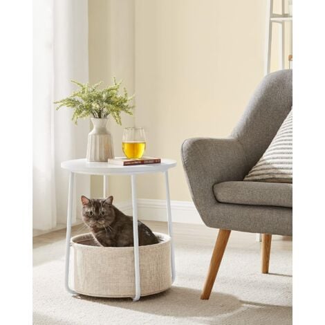 Petite Table Basse Ronde, Table d'Appoint, Bout de Canapé avec Panier en Tissu, Espace de Rangement, pour Salon, Chambre, Table de Chevet, Style Moderne, Blanc et Beige par SONGMICS LET223W10