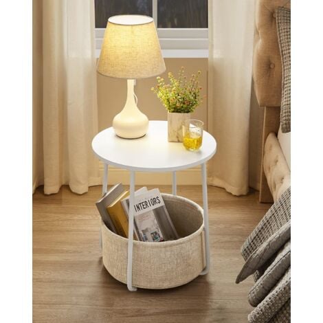 Petite Table Basse Ronde, Table d'Appoint, Bout de Canapé avec Panier en Tissu, Espace de Rangement, pour Salon, Chambre, Table de Chevet, Style Moderne, Blanc et Beige par SONGMICS LET223W10