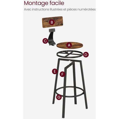 VASAGLE Lot de 4, Chaises de Bar, Tabourets Hauts, avec Dossier, Siège de Cuisine, Cadre en Acier, Montage Facile, Siège de 73,2 cm de Haut, Style Industriel, Marron