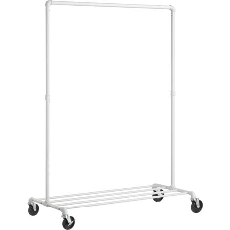 Portant à Vêtements à Roulettes, Porte-manteaux, Penderie, Charge 90 kg, avec Tringle et Étagère de Rangement, Style Industriel, pour Chambre, Buanderie, Blanc HSR061W01
