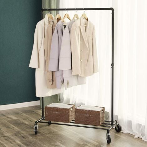 Portant à Vêtements à Roulettes, Porte-manteaux, Penderie, Charge 90 kg, avec Tringle et Étagère de Rangement, Style Industriel, pour Chambre, Buanderie, Noir HSRFR61BK