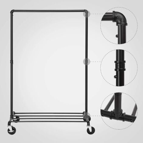 Portant à Vêtements à Roulettes, Porte-manteaux, Penderie, Charge 90 kg, avec Tringle et Étagère de Rangement, Style Industriel, pour Chambre, Buanderie, Noir HSRFR61BK