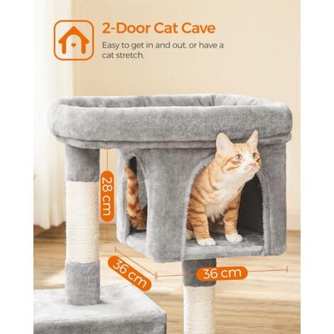 FEANDREA Arbre à chat Hauteur de 84cm Colonne en sisal Pour aiguiser les griffes 2 niches luxueuses Maison de jeu Meubles pour chatons, chats et félins Grise claire, par SONGMICS, PCT61W