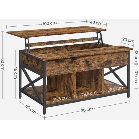 VASAGLE Table Basse, Table de Salon avec Plateau Relevable, 60 x 100 x  (48-62) cm, Marron Rustique et Noir - Cdiscount Maison