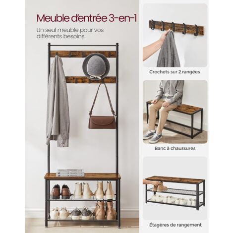 VASAGLE Portemanteau, Vestiaire avec Banc à Chaussures, Style Vintage, avec Crochets Armature métallique 70 x 32 x 175cm HSR41BX