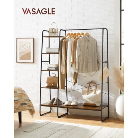 Vasagle – Porte-manteau sur pieds avec tringle et 6 crochets – 5 étagères de rangement – Acier et panneaux d'aggloméré – Dimensions 45x120x160 cm – Charge 220 kg