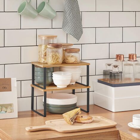 SONGMICS Étagères à Épices, Lot de 2 Organisateurs de Cuisine, Étagères de Plan de Travail, Supports pour Placard, Empilables, en Métal et Bambou, Couleur Boisée et Noir KCS02NB (1/5)