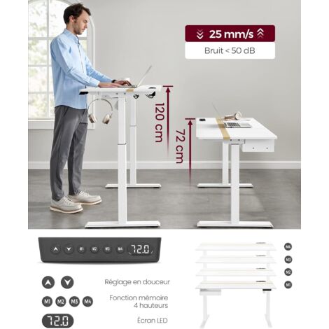 Bureau Électrique Assis-Debout VASAGLE 140cm - Blanc | Réglable 72-120cm | Mémoire 3 Positions | Étagère Écran & USB