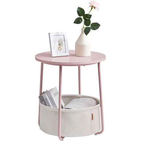 VASAGLE Petite Table Basse Ronde, Table d’Appoint avec Panier en Tissu, Rangement, pour Salon, Chambre, Table de Chevet, Style Moderne, Rose Pastel et Blanc Nuage LET223R61