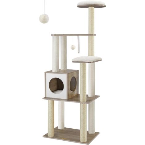 Feandrea – Arbre à chat moderne 165 cm – 9 griffoirs en sisal – Coussins lavables – Niche et plate-forme pour chats d'intérieur – Grège