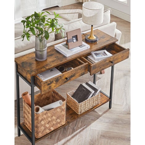 Table Console, Table d'Entrée, Bout de Canapé, avec 2 Tiroirs, Cadre en Acier, pour Entrée, Chambre, Salon, Style Industriel, Marron Rustique et Noir