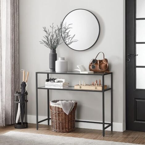 VASAGLE Table Console, Table d’Entrée, Bout de Canapé, Dessus de Table en Verre Trempé, Cadre Métallique, 2 Niveaux, Pieds Réglables, pour Salon, Entrée, Couloir, Noir