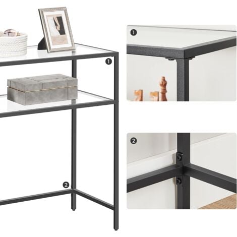 VASAGLE Table Console, Table d’Entrée, Bout de Canapé, Dessus de Table en Verre Trempé, Cadre Métallique, 2 Niveaux, Pieds Réglables, pour Salon, Entrée, Couloir, Noir