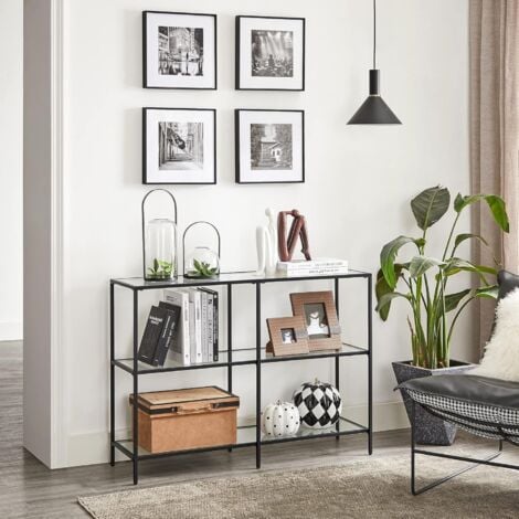 VASAGLE Table Console, Meuble d’Entrée, Étagère à 3 Niveaux, en Verre Trempé, 100 x 30 x 73 cm, Cadre en Métal, Style Moderne, pour Entrée, Salon, Chambre, Noir par SONGMICS