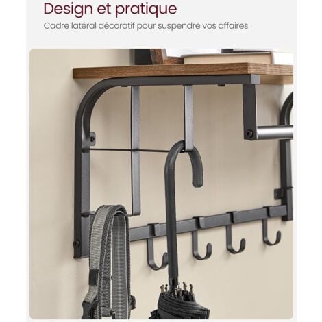 VASAGLE Porte-Manteau Mural avec étagère de Rangement, Vintage, étagère Murale avec Crochets, étagère Murale avec Tringle, 5 Crochets, pour Entrée, Couloir, Chambre, Salle de Bains, Salon par SONGMICS