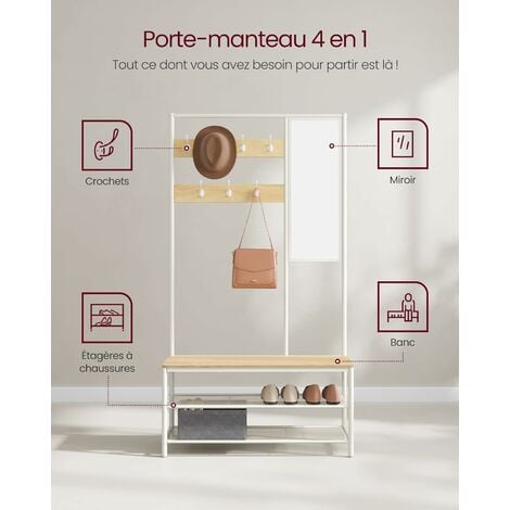 VASAGLE Portemanteau, Vestiaire, Meuble d’Entrée,35 x 98 x 180 cm, avec Miroir, Banc et Étagère à Chaussures, Style Industriel - Chêne et Blanc