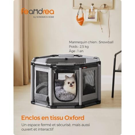 Parc pour Chien en Tissu Oxford, Clôture Octogonale, Enclos, Taille M, 72 x 72 x 43 cm, Cadre en Tube PVC, Filet Respirant, Pochette de Rangement, Gris Foncé et Gris Clair