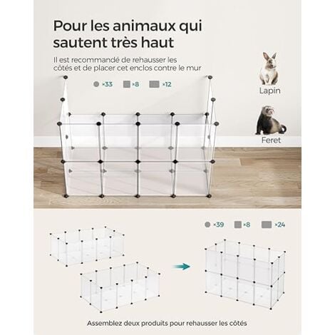 Parc Enclos, Cage, Clôture, avec Plancher, Intérieur, Modulable, en Plastique, pour Cochon d’Inde, Lapin, Hérisson, Petits Animaux, 125 x 63 x 42 cm, Blanc