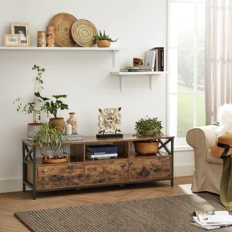 Meuble TV pour Télévision jusqu'à 65 Pouces, Banc Télé avec 3 Tiroirs, 40 x 147 x 50 cm - Marron Rustique et Noir