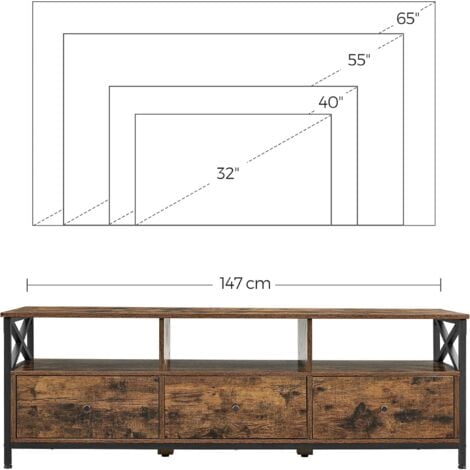 Meuble TV pour Télévision jusqu'à 65 Pouces, Banc Télé avec 3 Tiroirs, 40 x 147 x 50 cm - Marron Rustique et Noir
