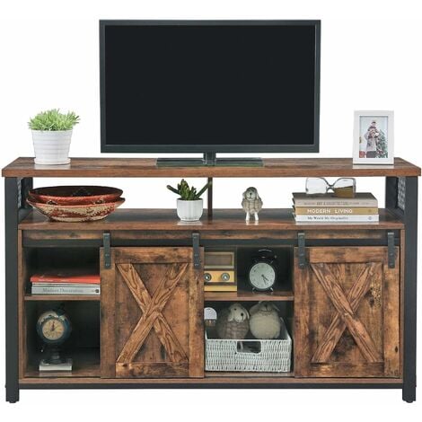 VASAGLE Meuble TV, Support télé, avec Portes coulissantes Imitation Grange, pour téléviseurs jusqu'à 60 Pouces, étagère réglable pour Console et Box, Style Industriel, Marron Rustique et Noir par SONG