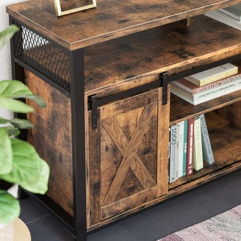 VASAGLE Meuble TV, Support télé, avec Portes coulissantes Imitation Grange, pour téléviseurs jusqu'à 60 Pouces, étagère réglable pour Console et Box, Style Industriel, Marron Rustique et Noir par SONG