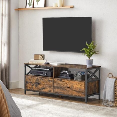 Meuble TV jusqu'à 55 Pouces, avec 2 Tiroirs et 2 Étagères Ouvertes, avec 2 Tiroirs et 2 Étagères Ouvertes, 120 x 40 x 50 cm, Cadre en Acier - Marron Rustique et Noir