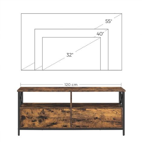 Meuble TV jusqu'à 55 Pouces, avec 2 Tiroirs et 2 Étagères Ouvertes, avec 2 Tiroirs et 2 Étagères Ouvertes, 120 x 40 x 50 cm, Cadre en Acier - Marron Rustique et Noir