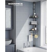 Songmics – Étagère de douche réglable en hauteur 95-300 cm – Acier inoxydable 304 – 4 étagères, 3 crochets, 1 porte-serviettes – Rangement salle de bain
