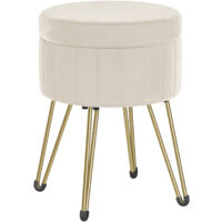 Songmics – Tabouret de rangement rond en velours – Repose-pieds confortable 39 x 44,4 cm – 4 pieds en métal – Espace de rangement 9,4 L – Blanc crème
